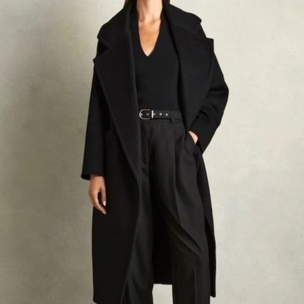 Reiss Black 100% Wool Wrap Coat Belt‎ Long Trench Jacket Womens US 4 UK 8 Luxury